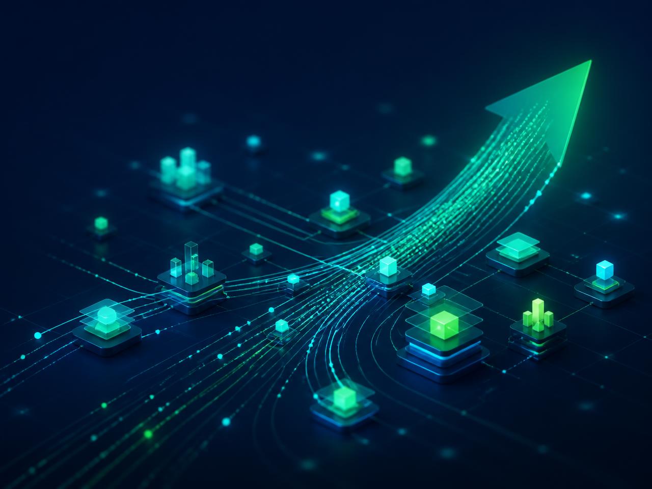 evolvAI key visual: connected AI data nodes forming an upward growth arrow